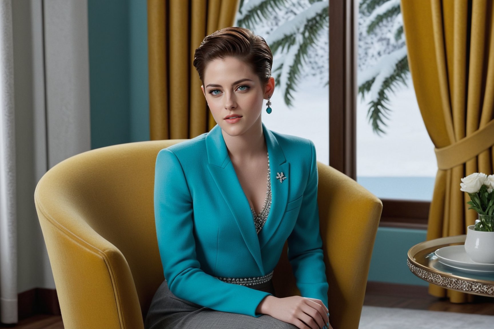 Highly-detailed beautiful girl sitting in livingroom of Winter resort,20yo,kristen stewart,alluring neighbor's wife,detailed exquisite face,elegant jacket and dress,(Turquoise,Baby Blue,Mustard Yellow,Gray color),(girl focus),(ultra-detailed backdrop:luxurious furnitures: table,sofa, window,lamp, curtains,snow,tree,TV)
BREAK
trending on artstation,rule of thirds,perfect composition,cinematic lighting,highly realistic,ultra-detailed,masterpiece,sharp focus,high contrast, photo_b00ster,real_booster,w1nter res0rt,ani_booster,art_booster