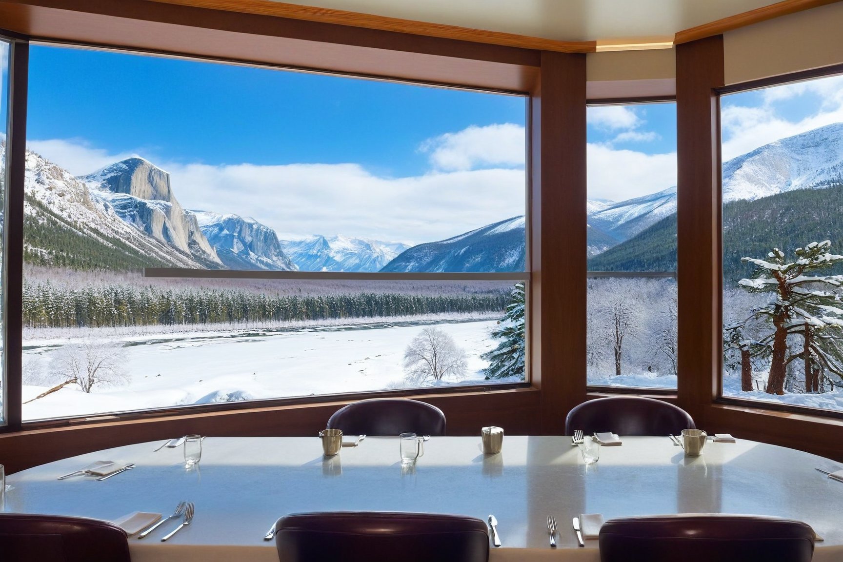 ((Hyper-Realistic)) photo of a modern stylish restaurant of resort center,indoors,modern style restaurant, [window,snow,tree],(fantastic view of national park with high-rise rock,show forest,frozen river,trees,yva11ey1,
aesthetic,rule of thirds,depth of perspective,studio photo,trending on artstation,(wide shot),(Hyper-realistic photography,masterpiece,ultra-detailed,intricate details,16K,sharp focus,high contrast,kodachrome 800,HDR:1.2),
real_booster,ani_booster,w1nter res0rt,art_booster,H effect,y0sem1te