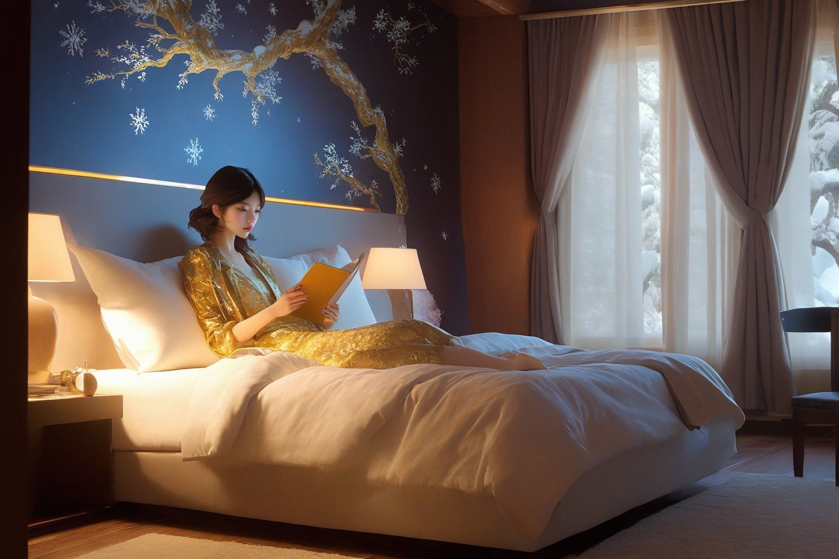 ((Hyper-Realistic)) photo of a beautiful girl sitting in bedroom in a cabin,indoors,reading a book,20yo,kusanagi motoko,detailed exquisite face,detailed soft skin,perfect female form,model body,jacket and shirt and skirt,
(luxurious furnitures:king size bed,pillow,lamp,curtains, window,big screen TV,mirror,ceiling light),curtains, window,snow,tree
BREAK
aesthetic,rule of thirds,depth of perspective,studio photo,trending on artstation,(fullbody wideshot),(girl focus:1.2),(Hyper-realistic photography,masterpiece,ultra-detailed,intricate details,16K,sharp focus,high contrast,kodachrome 800,HDR:1.2),by Karol Bak,Gustav Klimt and Hayao Miyazaki,
real_booster,ani_booster,w1nter res0rt