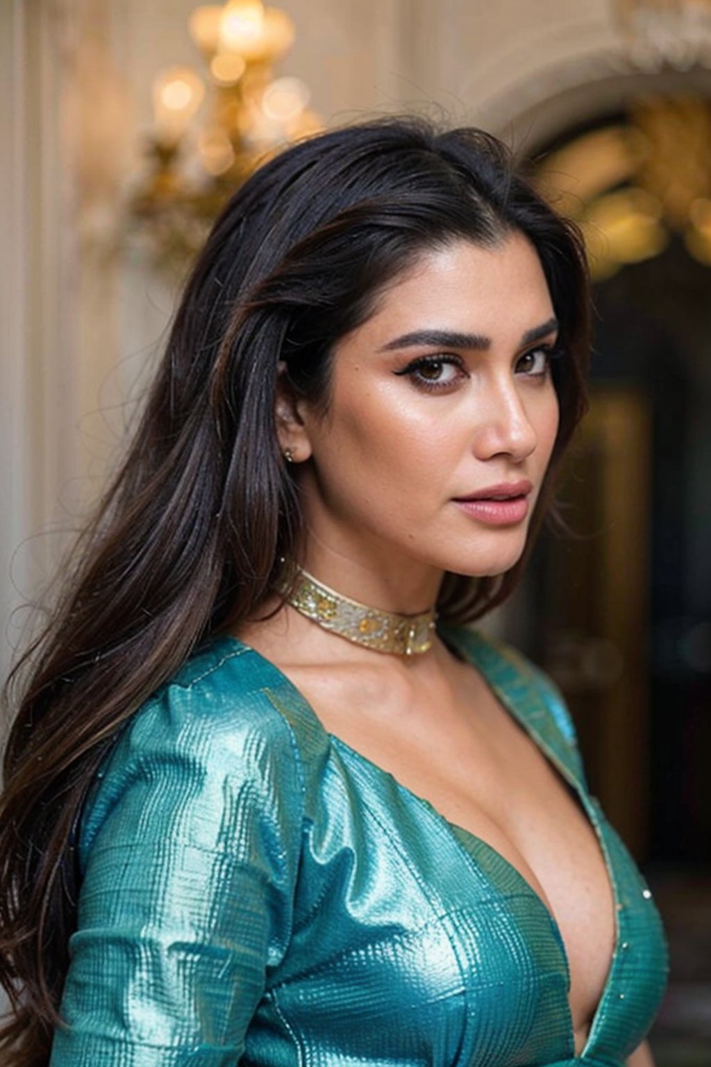 Foto RAW, close up portrait of a 40 year-old gorgeous confident blasian dark-skinned medieval fantasy queen, indian jewelry, necklace, choker, diamond studded, extremely gorgeous, looks like Kriti Sanon,  almond-shaped eyes, plump lips, gorgeous hazel-colored eyes, long hair, dutch braids, elaborate hairdo, serious look, steadfast expression, slim, body oil, moisturizing oil, tanning oil, oiled body, glowing skin, skin pores, rich regal traditional fantasy north african regal clothes, filigree jewels, in a fantasy north african palace, (backlighting), realistic, masterpiece, highest quality, lens flare, shade, bloom, [[chromatic aberration]], by Jeremy Lipking, by Antonio J. Manzanedo, digital painting, (pele altamente detalhada: 1.2), 8k UHD, DSLR, alta qualidade, grain of film, Fujifilm XT3