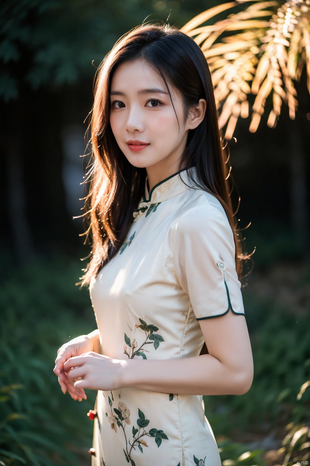 (masterpiece,best quality:1.5), ultra realistic,1girl, long hair, straight hair, portrait, mysterious forest, firefly, bokeh, mysterious, night, sky, cloud,, cheongsam, qipao