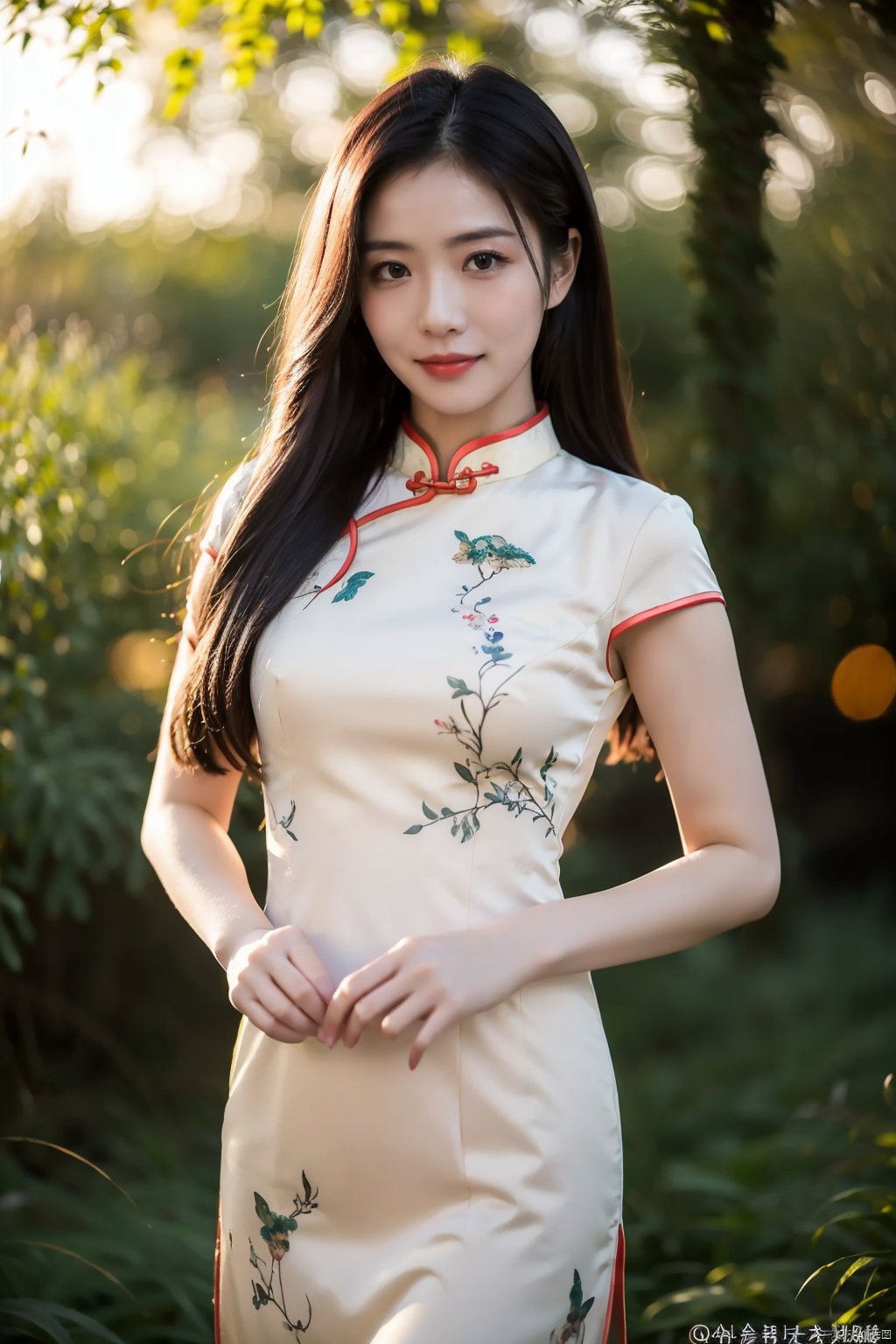 (masterpiece,best quality:1.5), ultra realistic,1girl, long hair, straight hair, portrait, mysterious forest, firefly, bokeh, mysterious, night, sky, cloud,, cheongsam, qipao