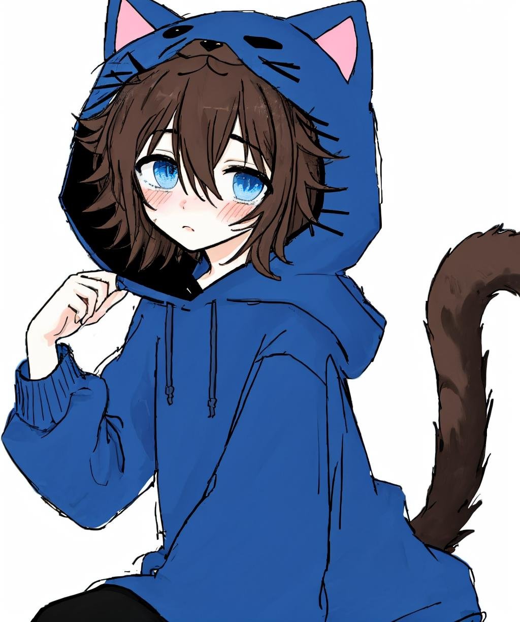 sketch, blush, blue eyes, brown hair, 1boy, animal ears, tail, male focus, cat ears, hood, cat tail, hood up, animal hood, cat hood, cat boy, solo, simple background, <lora:sketch_style-10:1>