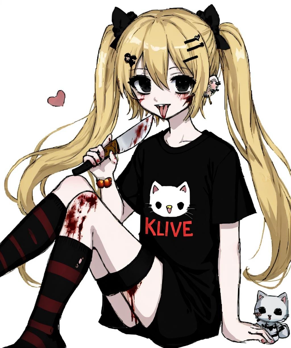 sketch, 1girl, solo, long hair, looking at viewer, smile, blonde hair, simple background, shirt, hair ornament, thighhighs, twintails, jewelry, sitting, heart, tongue, socks, hairclip, striped, tongue out, black eyes, torn clothes, kneehighs, black shirt, blood, piercing, cat, knife, single thighhigh, ear piercing, fishnets, asymmetrical legwear, blood on face, holding knife, skull hair ornament, gothic, pill, blood on knife, <lora:sketch_style-10:1>