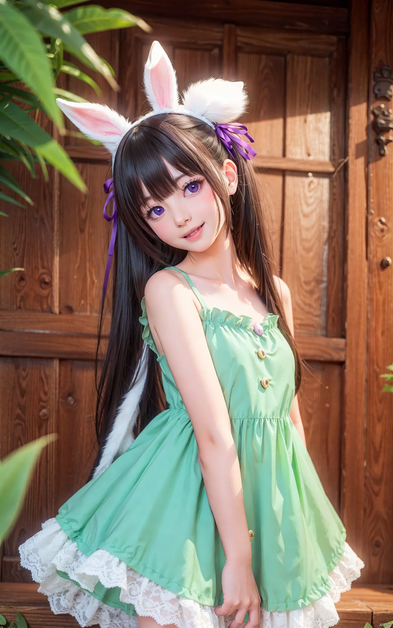  4349,1girl,solo,animal_ears,long_hair,rabbit_ears,animal,open_mouth,smile,holding,dress,holding_animal,two_side_up,very_long_hair,ribbon,hair_ribbon,:d,looking_at_viewer,blush,easter_egg,rabbit,purple_eyes,bangs,fake_animal_ears,collarbone,hair_between_eyes,green_dress,head_tilt,cowboy shot,very long hair,