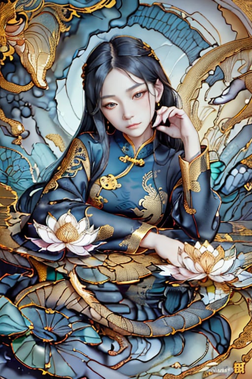 1girl, solo, long hair, black hair, long sleeves, blue chinese dress, closed mouth, open eyes,, on side, head rest, golden dragon, 
lotus , golden outline , masterpiece, details , 8k , ,Realism , clear lines , water ink background 