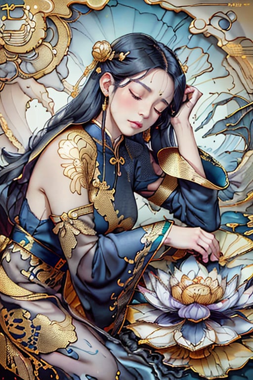 1girl, solo, long hair, black hair, long sleeves, blue chinese dress, closed mouth, closed eyes,, on side, head rest, golden dragon, 
lotus , golden outline , masterpiece, details , 8k , ,Realism , clear lines , water ink background 