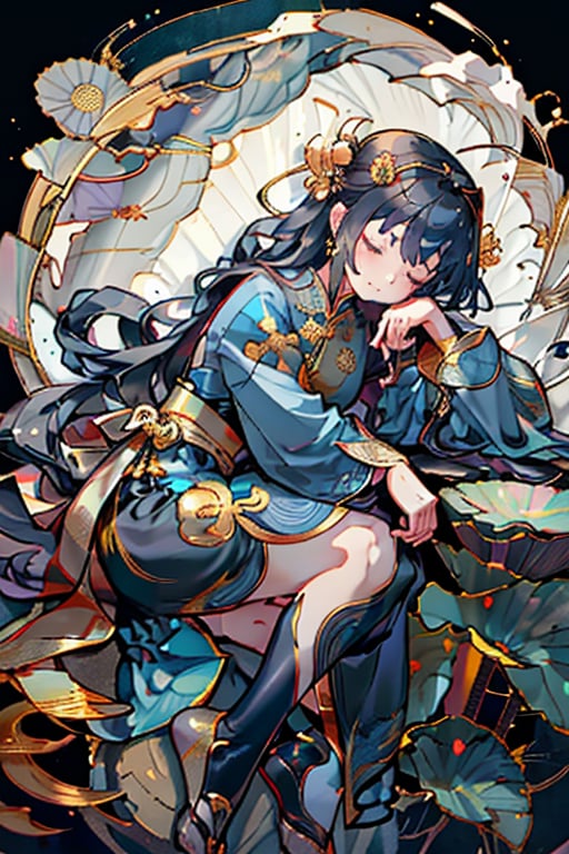 1girl, solo, long hair, black hair, long sleeves, blue chinese dress, closed mouth, closed eyes,, on side, head rest, golden dragon, 
lotus , golden outline , masterpiece, details , 8k , ,Realism