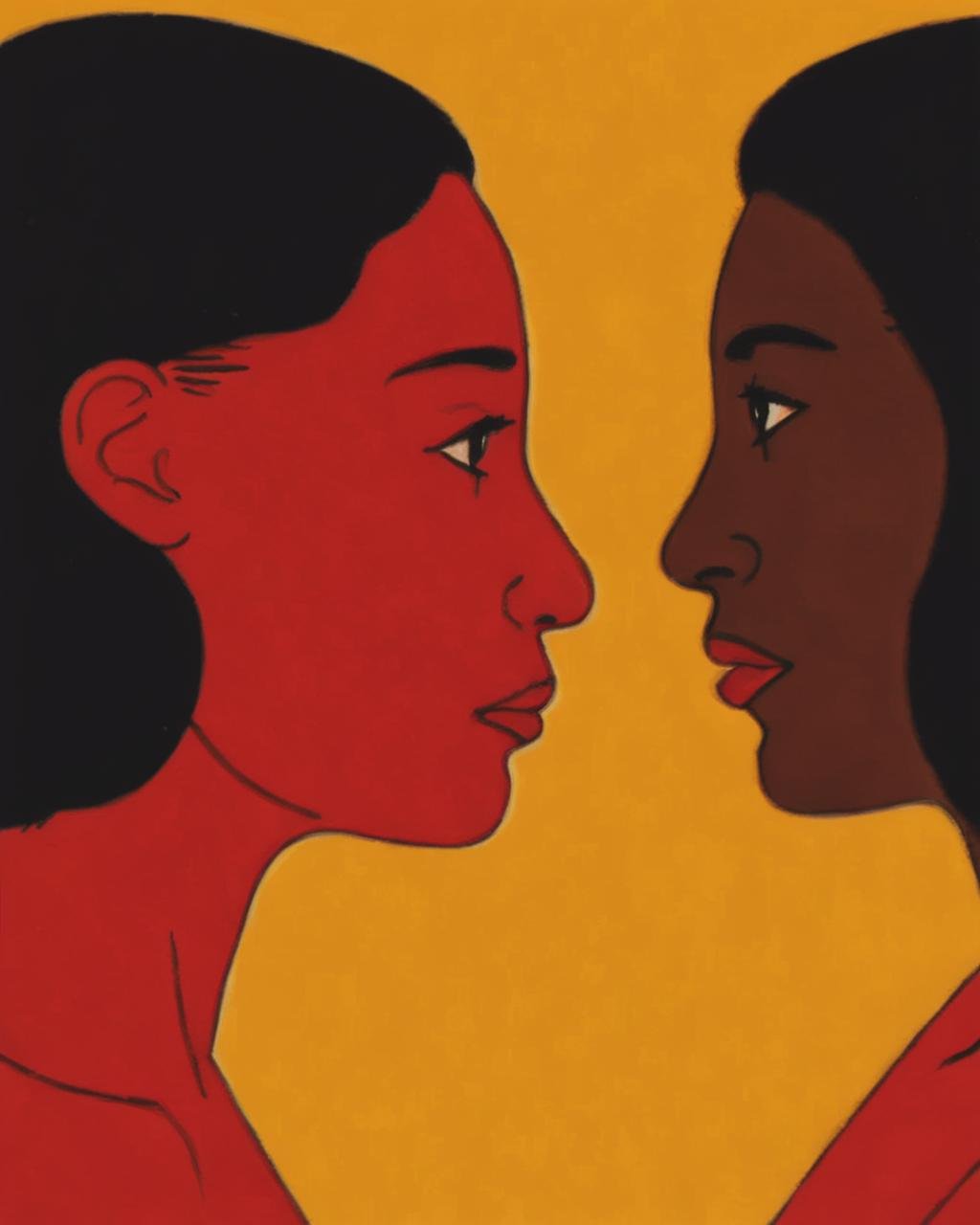 a painting of two women facing each other , 1girl, solo, long hair, simple background, black hair, parted lips, dark skin, dark-skinned female, profile, shadow, colored skin, portrait, yellow background, red skin <lora:Wake_Up_sdxl:0.85> 