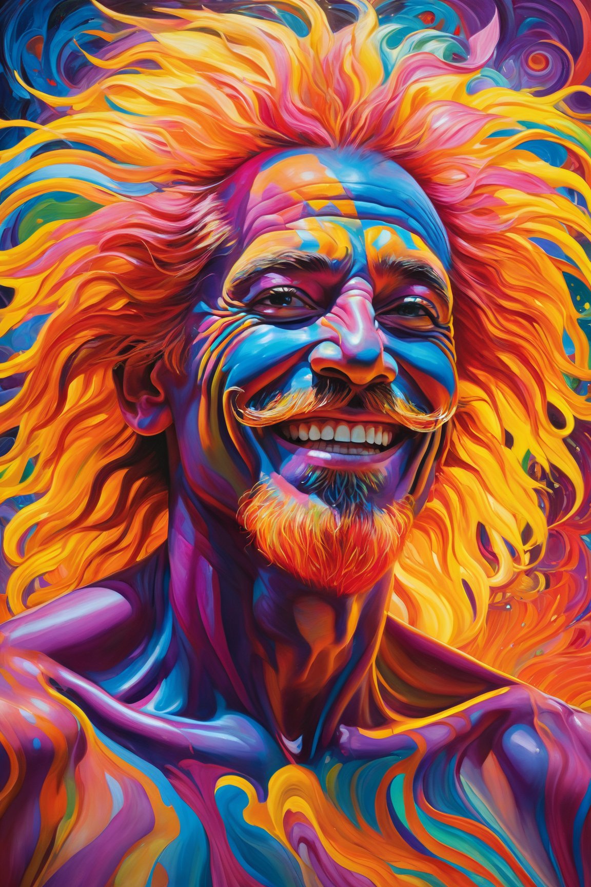 (best quality, 8K, highres, masterpiece), ultra-detailed, (super colorful, vibrant), in a mesmerizing and swirling composition, an ethereal madman with wild, multi-hued hair and an enigmatic, mischievous grin captivates viewers. The neon painting bursts with a kaleidoscope of vivid and contrasting shades that bring the character to life in a dazzling display of colors. Elongated limbs and vibrant, pointed facial features add an element of energetic expression and intrigue, while the artist's intricate and vibrant brushwork showcases a masterful skill and unwavering attention to detail. This high-quality image transports us into a world of awe-inspiring wonder, evoking a sense of curiosity and fascination