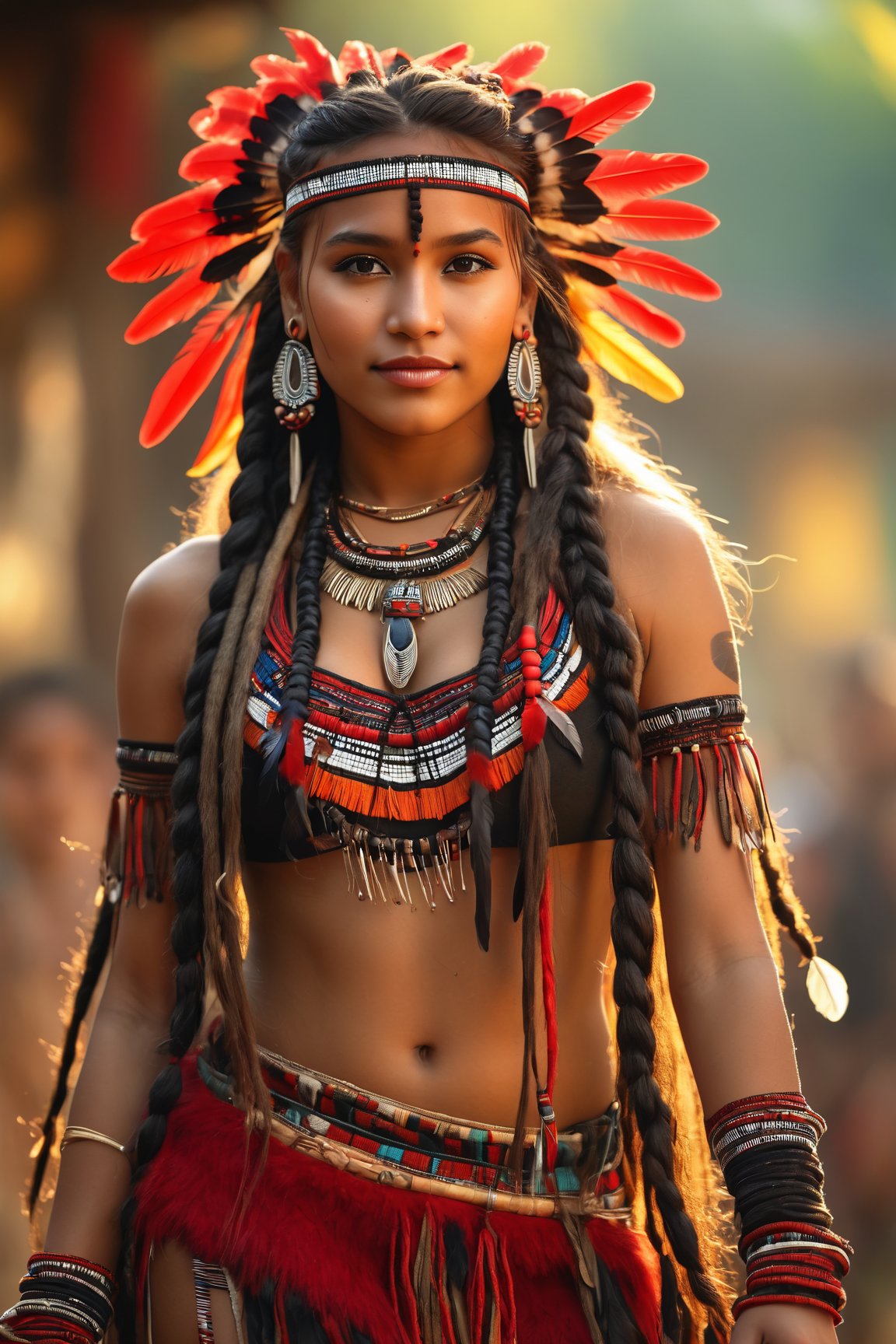 (best quality, 4k, highres, masterpiece:1.2), ultra-detailed, (realistic:1.37), indigenous girl, red black harness, feathers in long dread hair, high heels boots, accessories on arm, beautiful detailed eyes, beautiful detailed lips, ethnic clothing, traditional patterns, graceful posture, subtle smile, vibrant colors, bokeh lighting, portraits