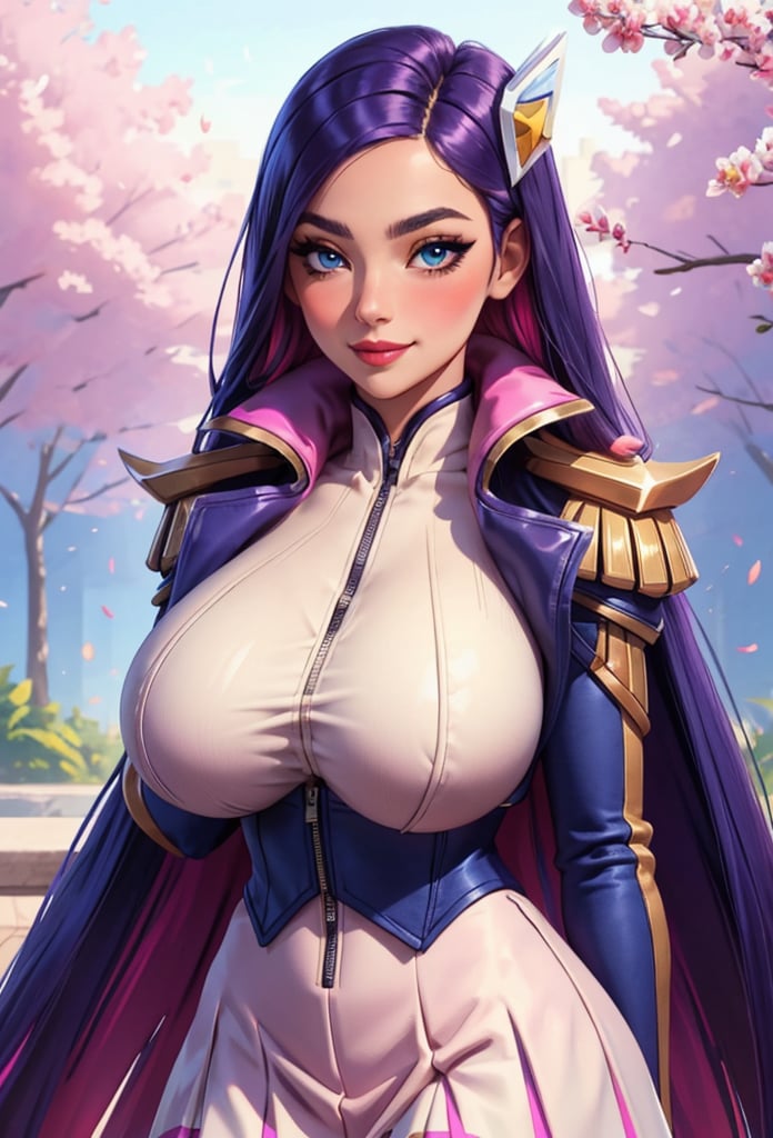 rounded boobs, big boobs, huge boobs, high resolution, 1girl, looking at camera, thick thighs, thin waist, standing, smile, happy, blush, lips, (mature woman), purple hair, parted bangs, blue eyes, (very long hair), multicolored hair, pink hair, two-tone hair,ba_caitlyn, hair ornament, school uniform, skirt, thighhighs, jacket