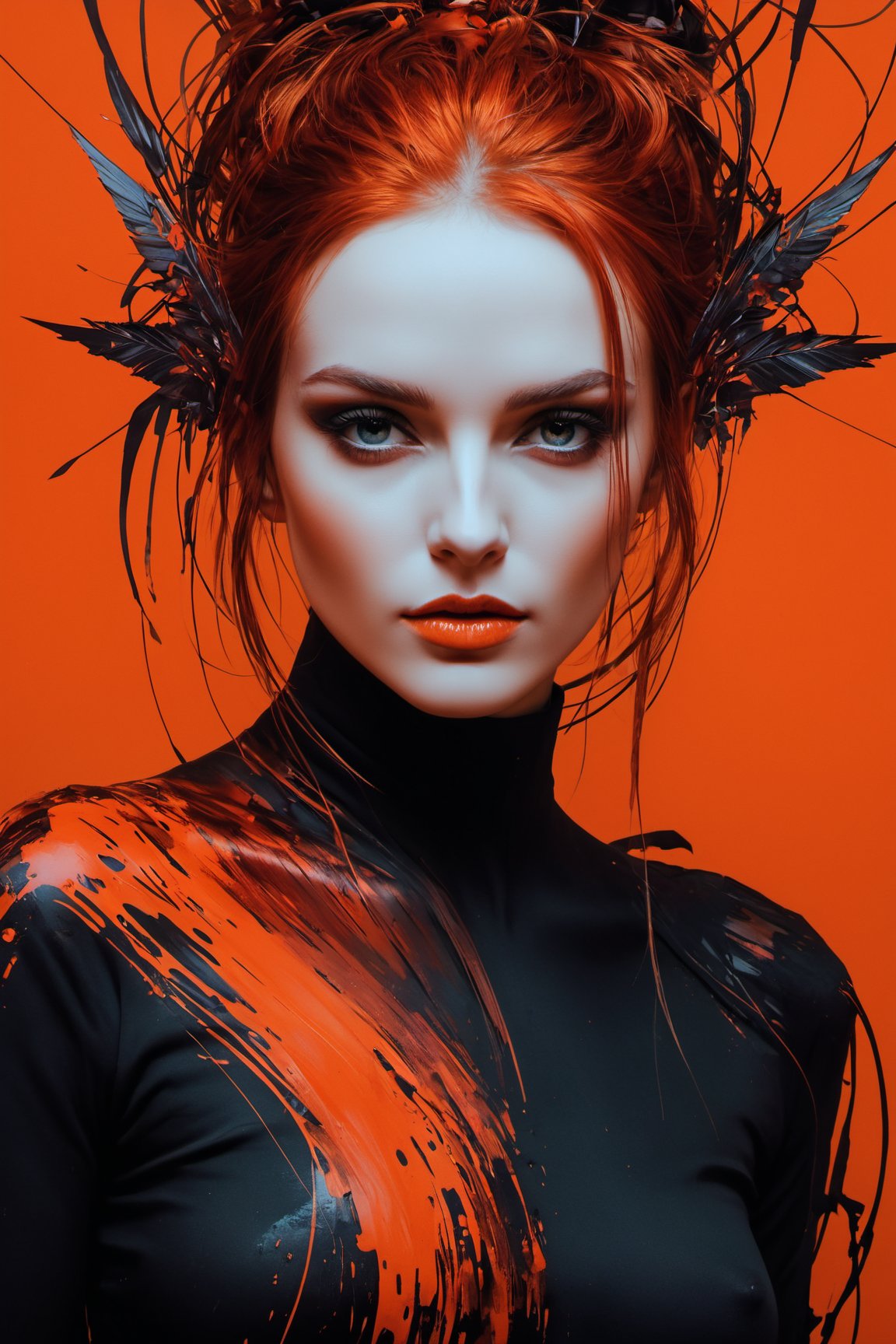 Please generate, abstract beauty Fantomas, looking into the camera, approaching perfection, dynamic, red black and orange colors, highly detailed, digital painting, artstation, concept art, sharp focus, illustration, art by Carne Griffiths and Vadim Kashin