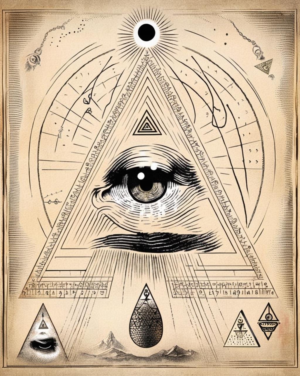 An enigmatic triangle encapsulates an eye within,  inviting contemplation of the mystic significance of the all-seeing eye...