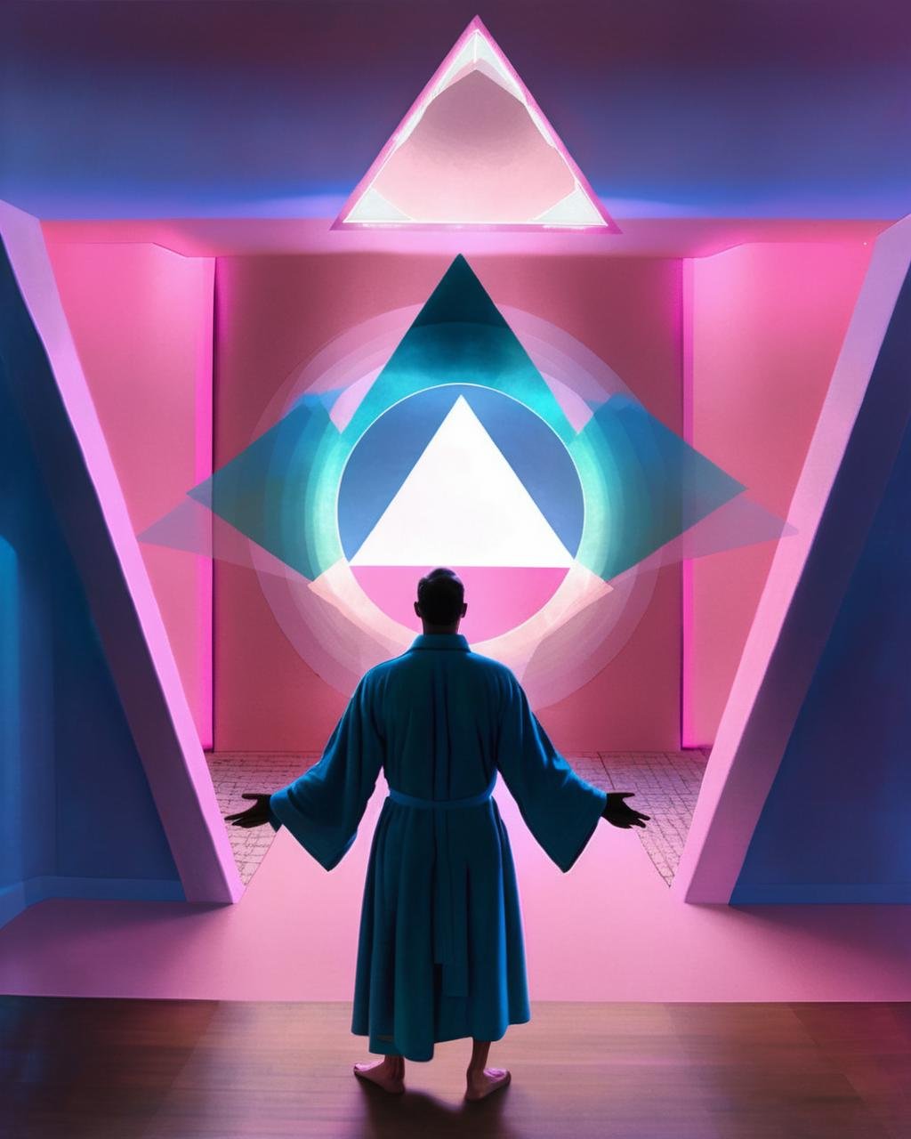 In a room enveloped by a pink and blue glow,  two men,  resplendent in pink robes by Ciro Negrogni on Tensor.Art