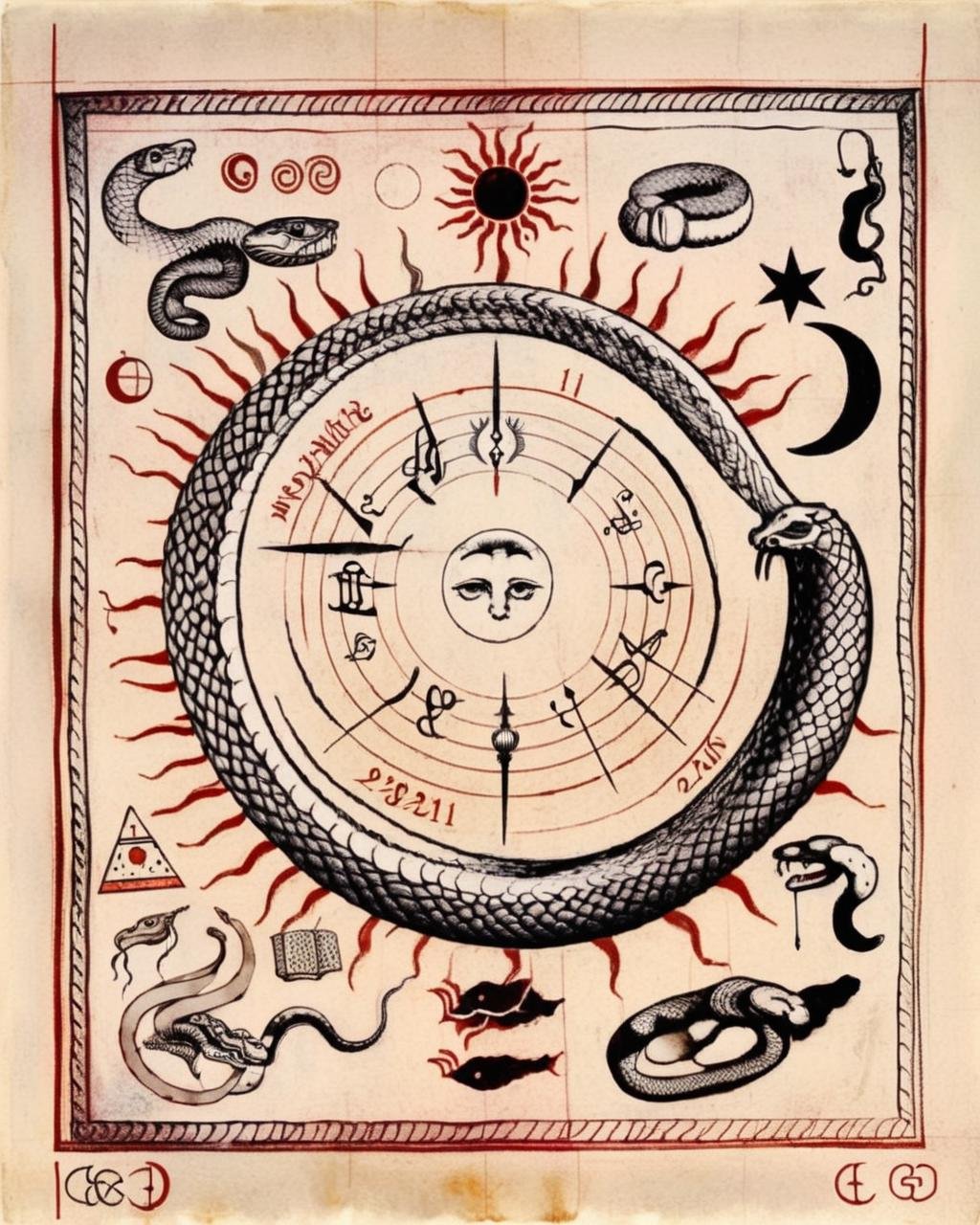 An evocative drawing presents a sun,  moon,  and snake interwoven in a dance of symbolism by Ciro Negrogni on Tensor.Art