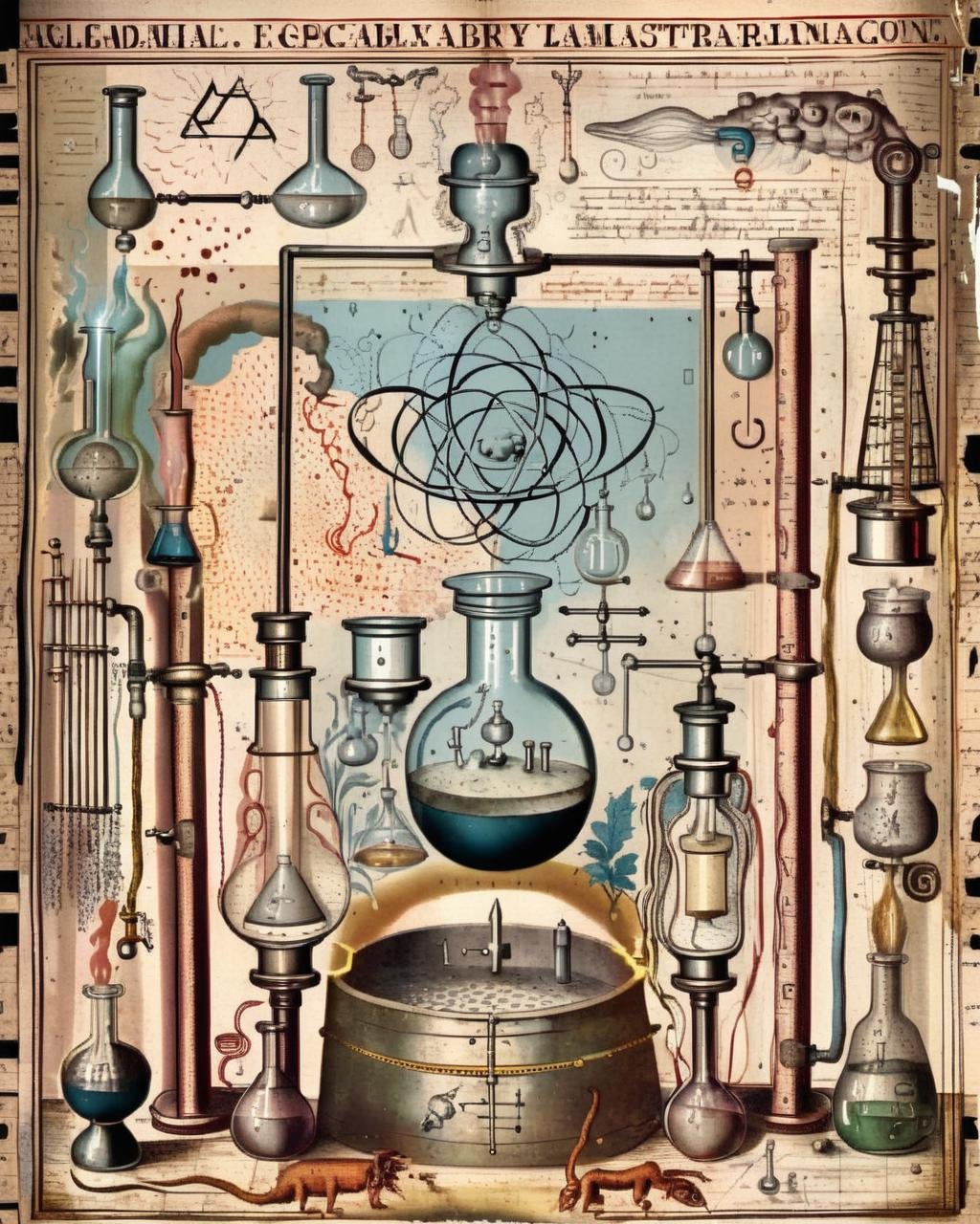 A faded illustration depicts an alchemist's laboratory,  filled with intricate apparatus and vessels,  conveying the metic...