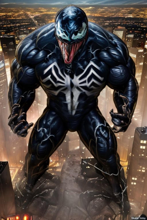 Venom, extremely buff,photorealistic, city background, hairyalpha, night time, from above,<lora:659111690174031528:1.0>