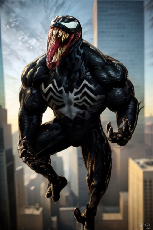 Venom, extremely buff,photorealistic, crouched on top of a skyscraper,hairyalpha,<lora:659111690174031528:1.0>