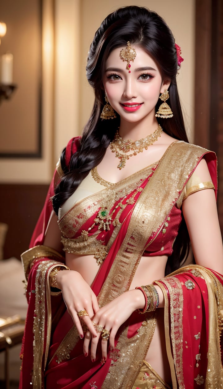 1girl, solo, looking at viewer, smile, black hair, gloves, jewelry, indoors, necklace, grin, realistic, mehndi on hand, earrings, 