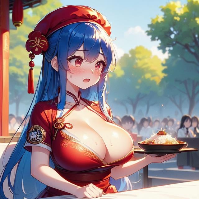 (((masterpiece))), (((best quality))), (((chūka ichiban))), (((glowing chinese cuisine))), ((holding plate)), ((red beret hat)), ((red qipao)), ((china palace)), ((square table)), ((countless crowd)), (((outdoor))), solo, 1girl, cleavage, (((big tits))), collarbone,  ribbon, blue hair, longhair, open mouth, sweat, shy, blush, slim figure,  <lora:girllikechūkaichiban:1>