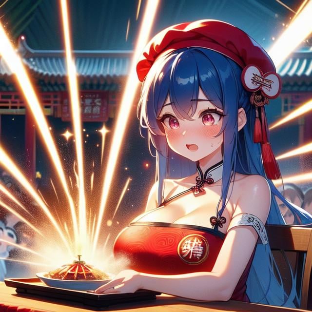 (((masterpiece))), (((best quality))), (((chūka ichiban))), (((glowing chinese cuisine))), ((laser beam shoots from center in all directions)),((holding plate)), ((red beret hat)), (((red complex pattern qipao))), ((china palace)), ((square table)), ((countless crowd)), (((outdoor))), solo, 1girl, cleavage, (((big tits))), collarbone,  ribbon, blue hair, longhair, open mouth, sweat, shy, blush, slim figure,  <lora:girllikechūkaichiban:1>