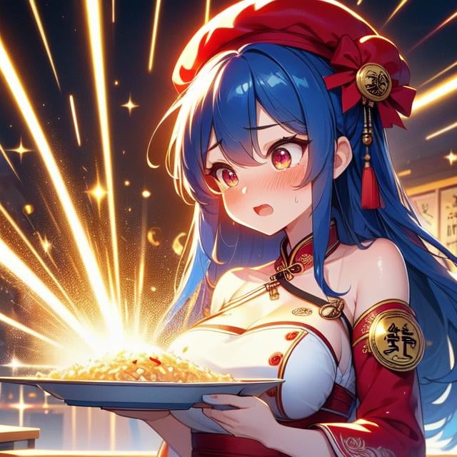 (((masterpiece))), (((best quality))), (((chūka ichiban))), (((glowing fried rice))), ((laser beam shoots from center in all directions)),((holding plate)), ((red beret hat)), (((golden complex pattern qipao))), (((red sleeves))), ((china palace)), ((square table)), ((countless crowd)), (((outdoor))), solo, 1girl, cleavage, (((big tits))), collarbone, ribbon, blue hair, longhair, open mouth, sweat, shy, blush, slim figure,  <lora:girllikechūkaichiban:1>