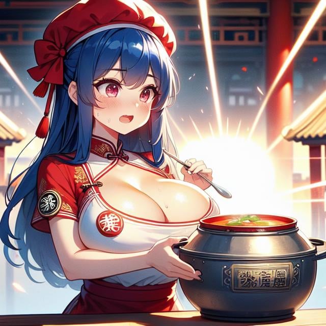 (((masterpiece))), (((best quality))), (((soup in huge iron pot :1.3))), (((holding a spoon))), ((laser beam shoots from center in all directions)), ((red beret hat)), (((red complex pattern qipao))), ((china palace)), ((square table)), ((countless crowd)), (((outdoor))), solo, 1girl, cleavage, (((big tits))), collarbone,  ribbon, blue hair, longhair, open mouth, sweat, shy, blush, slim figure,  <lora:girllikechūkaichiban:1>