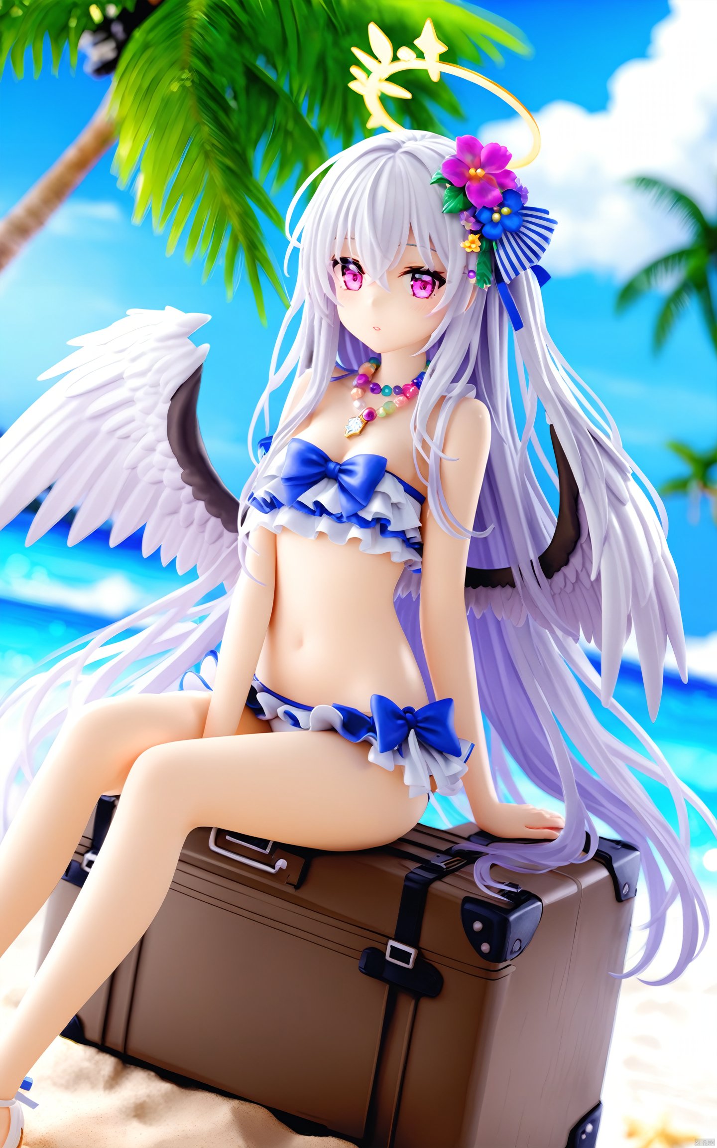  (masterpiece), (best quality), illustration, ultra detailed, hdr, Depth of field, (colorful), loli,PVC, 1girl, azusa (blue archive), swimsuit, wings, hair ornament, halo, long hair, solo, bikini, outdoors, hair flower, flower, beach, looking at viewer, blurry background, blurry, pink eyes, palm tree, suitcase, white hair, sitting, hair between eyes, bangs, ocean, bead necklace, very long hair, beads, white wings, sky, tree, frills, ribbon, necklace, jewelry, purple flower, feathered wings, day, hair ribbon, breasts, frilled bikini, purple eyes