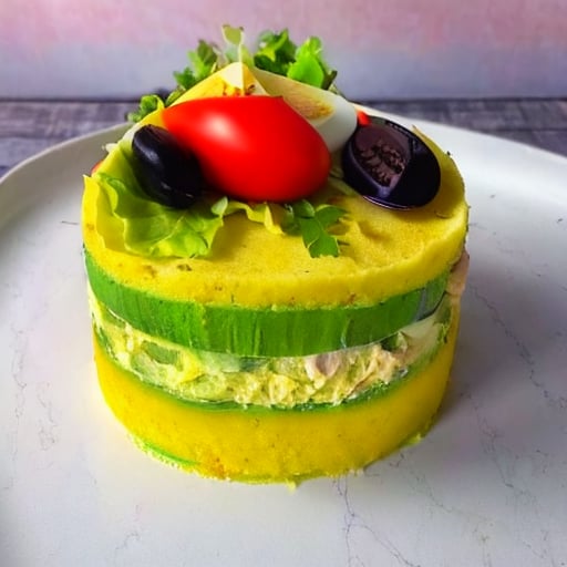 causaPE, realistic, hight quality, best quality, food focus, cake of mashed potato with shredded chicken and avocado slices inside, tomato slices over, black olive slice on top, egg slice, lettuce, mayonnaise, still life, white plate