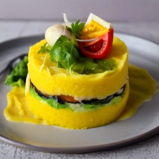 causaPE, food focus, cake of mashed potato with shredded chicken and avocado slices inside, tomato slices over, black olive slice, egg slice, lettuce, mayonnaise, still life, plate,<lora:659111690174031528:1.0>