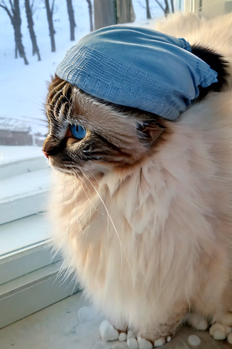 casper, birman cat, super detailed face, blue eyes, (wearing beanie on head), about to pounce, side view, 8K UHD