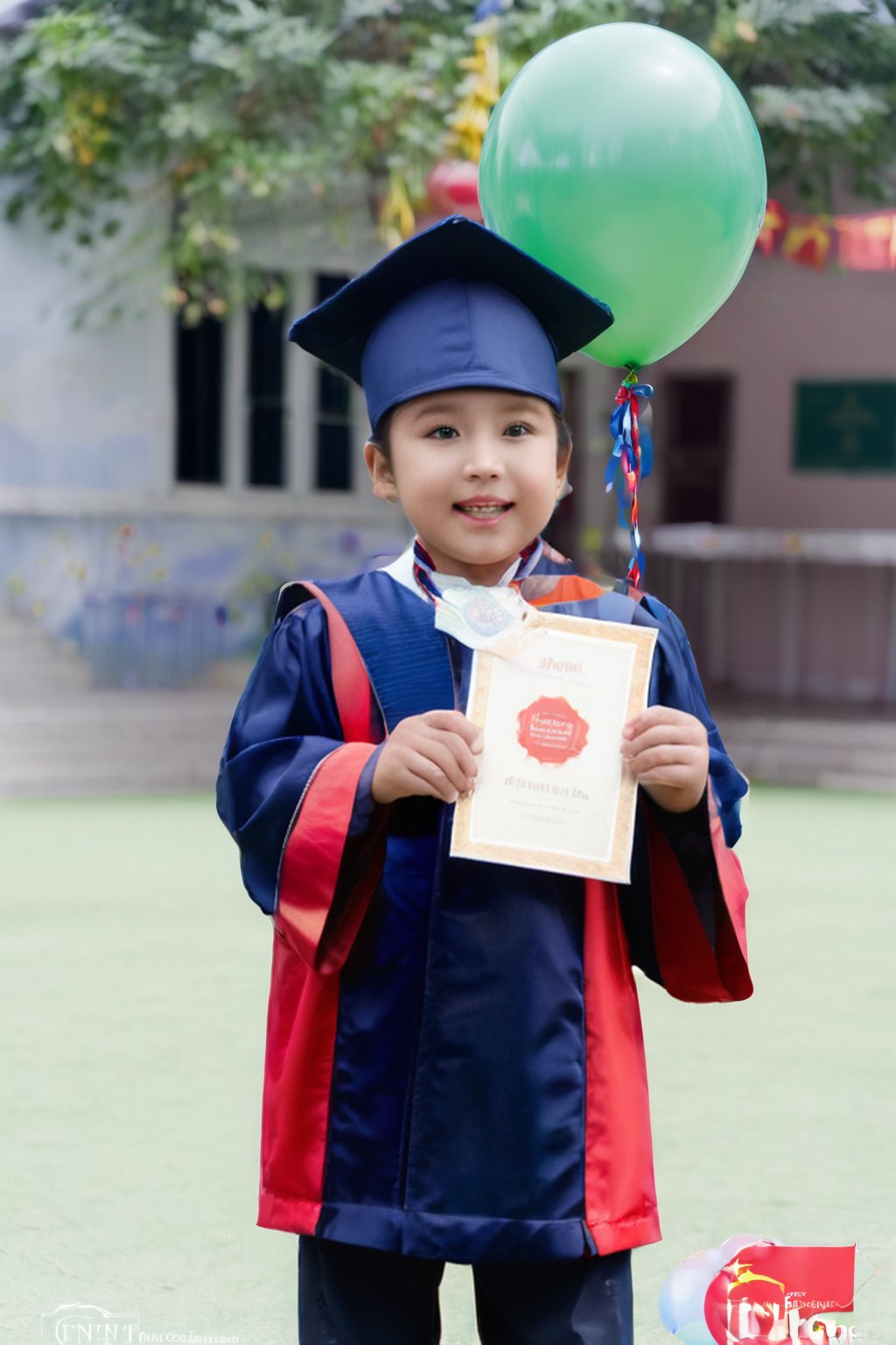 A 10-year-old Vietnamese boy in his school uniform at his primary school graduation, holding a certificate and a balloon flying in the sky..,boy,child,more detail XL