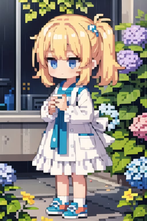 (masterpiece), pixels, pixel arts, chibi, (1girls), hydrangea, rain