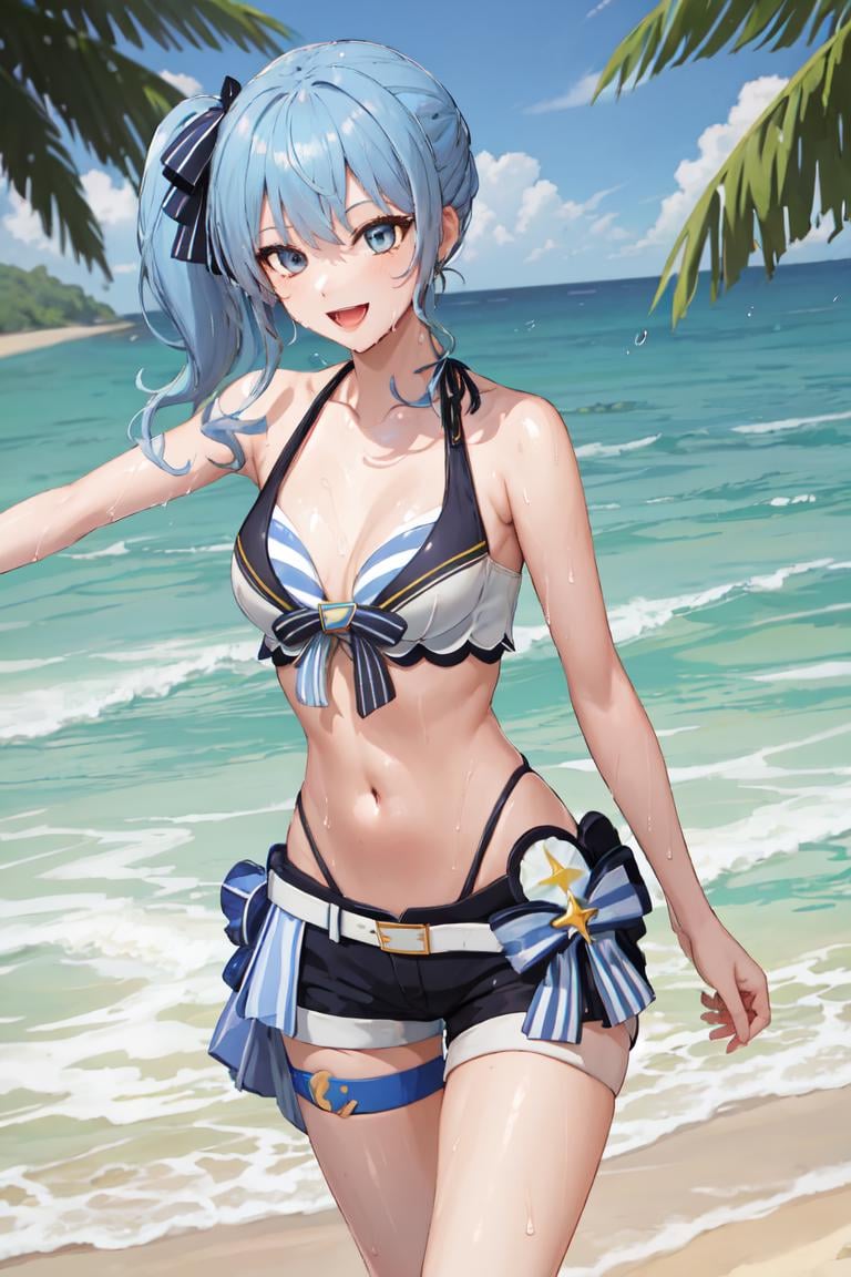 masterpiece, best quality, absurdres, perfect anatomy, SuiseiSummer, side ponytail, hololive summer 2023 swimsuit, layered bikini, blue bikini, striped bikini, bikini shorts, smile, :d, spread arms, beach scene, standing, wet, <lora:HoshimachiSuiseiV2:0.8>