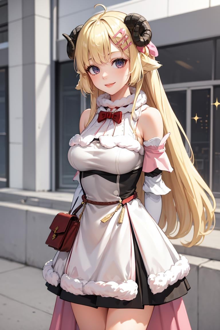 masterpiece, best quality, absurdres, 1girl, solo, WatameBase, very long hair, ahoge, hairclip, fur-trimmed dress, bowtie, detached sleeves, pouch, cape, smile, sparkles, cute, arms behind back, <lora:CHAR-WatameV5:1.0>