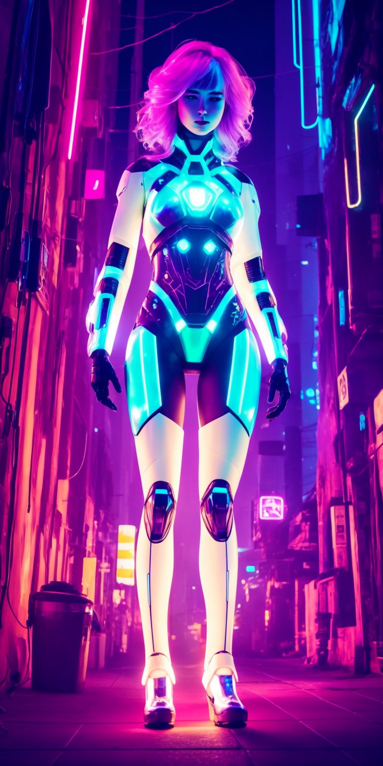  A lone cyborg with a shimmering, translucent exoskeleton pulsates with bioluminescent light, their elegant movements defying their gelatinous form as they navigate the neon alleyways. (cinematic, detailed, unique)
,Detailedface,photorealistic,Realism,Masterpiece,yk_cyborgs