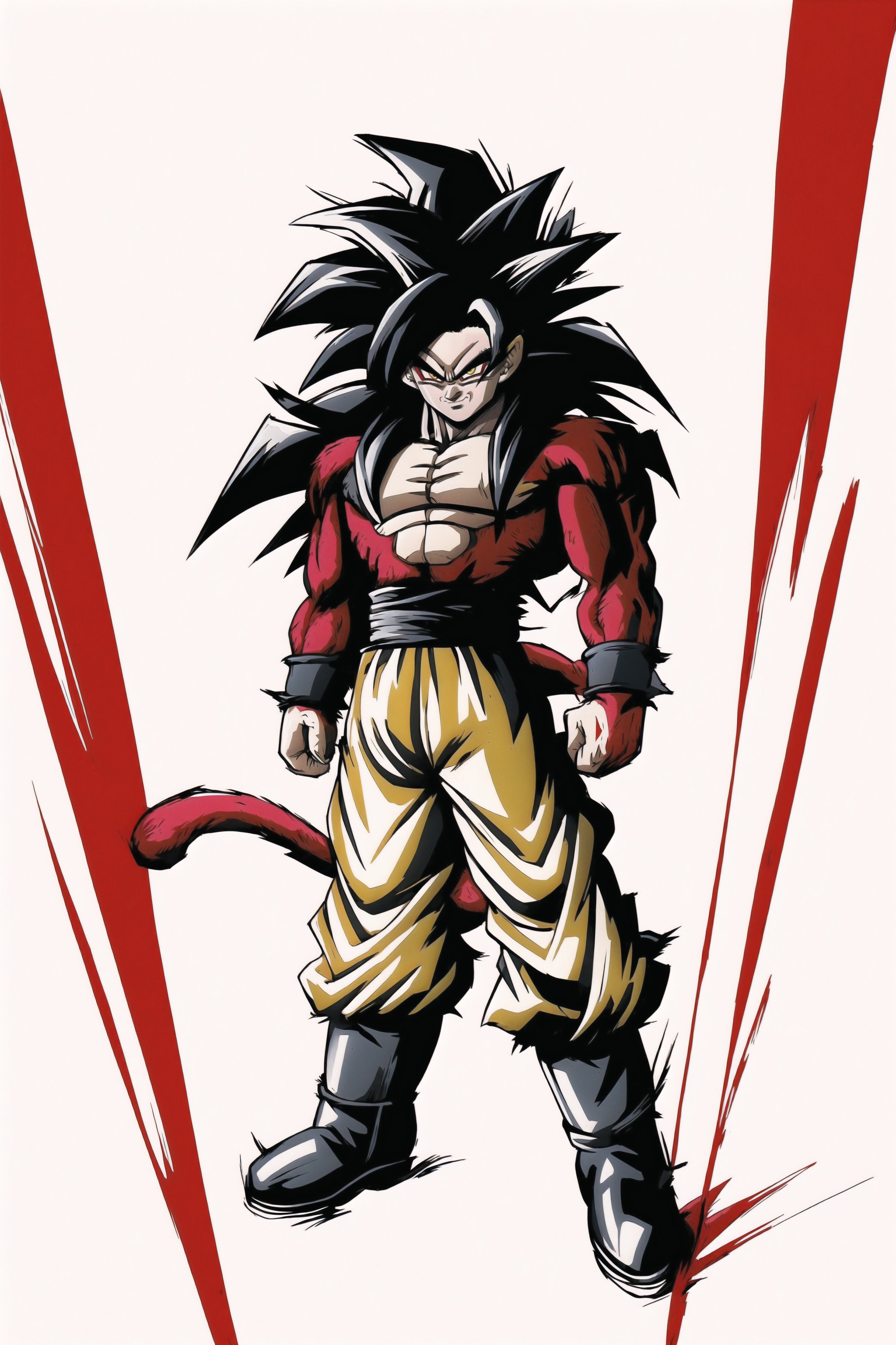  Super_Saiyan_4_Goku, highres, ,High quality,(Beautiful), ((masterpiece)),vibrant colors, son goku, son goku gt,1boy,closed mouth, solo, super saiyan 4, dragon ball gt, yellow pants, black boots, blue ribbon, ((some red fur on arms and chest)), red saiyan tail, (very long hair), (red eyeliner),male focus, muscular, muscular male, pectorals, solo, spiked hair,((black hair)), (pupils),yellow eyes,standing,spiked hair, red aura, electricity, smile,upper body,red eyeliner,1boy,stikers_style, abstract art, sketch, colorful