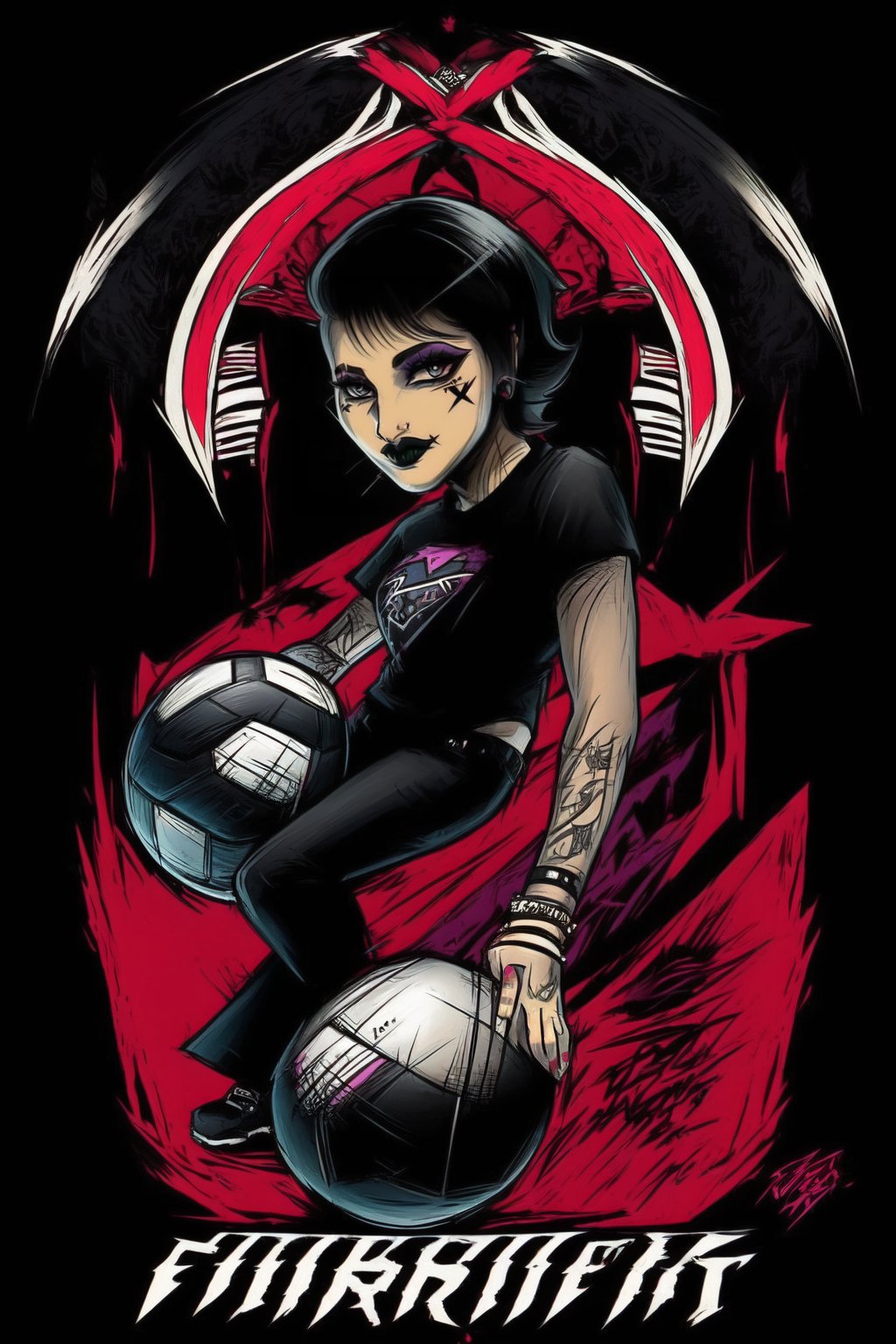 stikers_style,  abstract art, sketch, colorful, 1girl, Rhea_Ripley, black hair, make-up, tattoo, arm tattoo, solo, black lips, lipstick, short hair, black shirt, black pants,aura, solo, abstract art, soccer ball