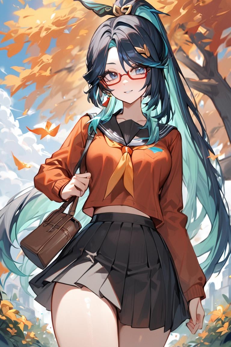 masterpiece, best quality, ultra detailed, BREAK 1girl, solo, female, xianyunexp, blue eyes, multicolored hair, ponytail, hair ornament, glasses, earrings, school unifrom, serafuku, skirt, , light smile, outdoors, looking at viewer, cowboy shot, colorful, vivid, <lora:Xianyun_XL-000008:0.8> 