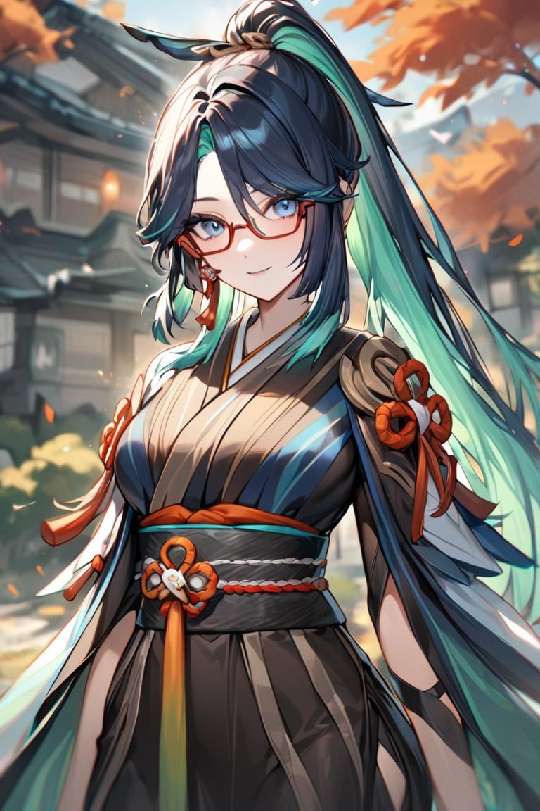 masterpiece, best quality, ultra detailed, BREAK 1girl, solo, female, xianyunexp, blue eyes, multicolored hair, ponytail, hair ornament, glasses, earrings, kimono , japanese clothing, japanese background, standing,,, light smile, outdoors, looking at viewer, cowboy shot, colorful, vivid, <lora:Xianyun_XL-000008:0.8> 