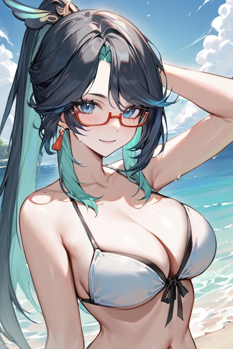 masterpiece, best quality, ultra detailed, BREAK 1girl, solo, female, xianyunexp, blue eyes, multicolored hair, ponytail, hair ornament, glasses, earrings, bikini, beach, ocean, cleavage, navel, upper body , ,, light smile, outdoors, looking at viewer, cowboy shot, colorful, vivid, <lora:Xianyun_XL-000008:0.8> 