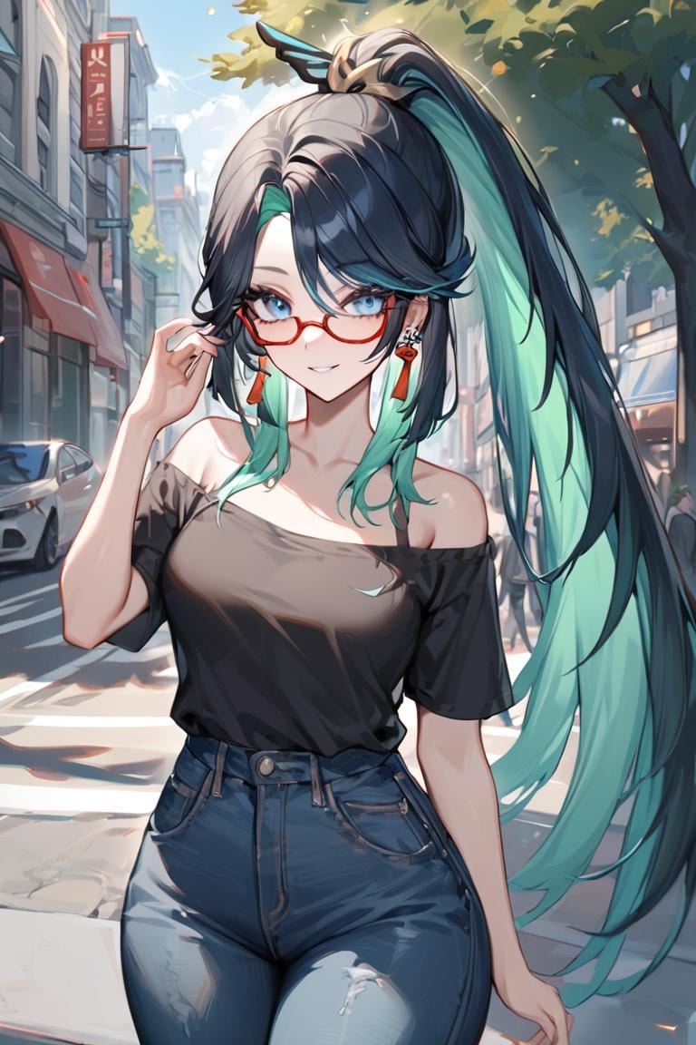 masterpiece, best quality, ultra detailed, BREAK 1girl, solo, female, xianyunexp, blue eyes, multicolored hair, ponytail, hair ornament, glasses, earrings, tshirt, off shoulder, bare shoulders, jeans, fashionable, outdoors, buildings, street, trees,, light smile, outdoors, looking at viewer, cowboy shot, colorful, vivid, <lora:Xianyun_XL-000008:0.8> 