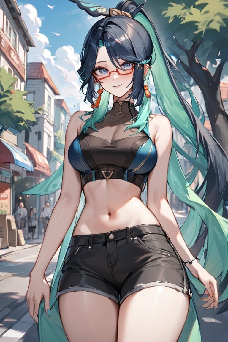 masterpiece, best quality, ultra detailed, BREAK 1girl, solo, female, xianyunexp, blue eyes, multicolored hair, ponytail, hair ornament, glasses, earrings, crop top, sleeveless, navel,  shorts, thighs, outdoors, buildings, street, trees,, light smile, outdoors, looking at viewer, cowboy shot, colorful, vivid, <lora:Xianyun_XL-000008:0.8> 