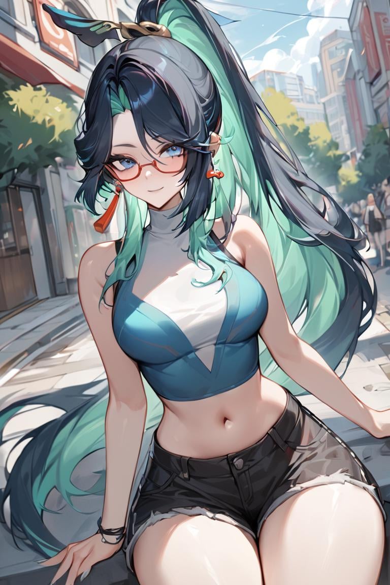 masterpiece, best quality, ultra detailed, BREAK 1girl, solo, female, xianyunexp, blue eyes, multicolored hair, ponytail, hair ornament, glasses, earrings, crop top, sleeveless, navel,  shorts, thighs, outdoors, buildings, street, trees,, light smile, outdoors, looking at viewer, cowboy shot, colorful, vivid, <lora:Xianyun_XL-000008:0.8> 