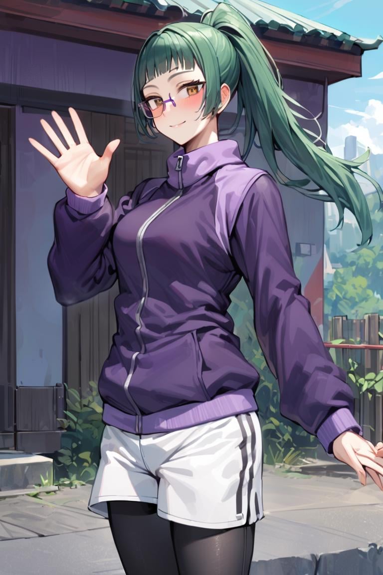 masterpiece, best quality, ultra detailed, BREAK1girl, solo, female, maki exp, green hair, ponytail, long hair, brown eyes, purple glasses, side locks, bangs, purple jacket, long sleeves, white shorts, leggings, leggings under shorts, sneakers,waving hand, saying hi,  , outdoors,,, light smile, upperbody, cowboy shot, blush,, looking at viewer, colorful, vivid, <lora:Maki_Zenin_XL-000009:1>