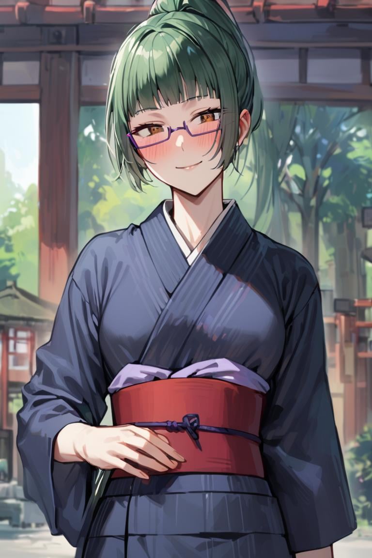 masterpiece, best quality, ultra detailed, BREAK1girl, solo, female, maki exp, green hair, ponytail, long hair, brown eyes, purple glasses, side locks, bangs, yukata, japanese cothing, japanese background,, outdoors,,, light smile, , cowboy shot, blush,, looking at viewer, colorful, vivid, <lora:Maki_Zenin_XL-000009:1>