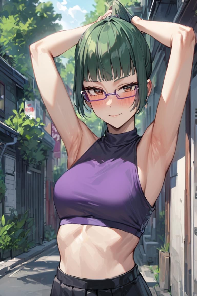 masterpiece, best quality, ultra detailed, BREAK 1girl, solo, female, maki exp, green hair, ponytail, long hair, brown eyes, purple glasses, side locks, bangs, crop top, armpits, arms above, , street, buildings, trees,, outdoors,,, light smile, , cowboy shot, blush,, looking at viewer, colorful, vivid, <lora:Maki_Zenin_XL-000009:1>