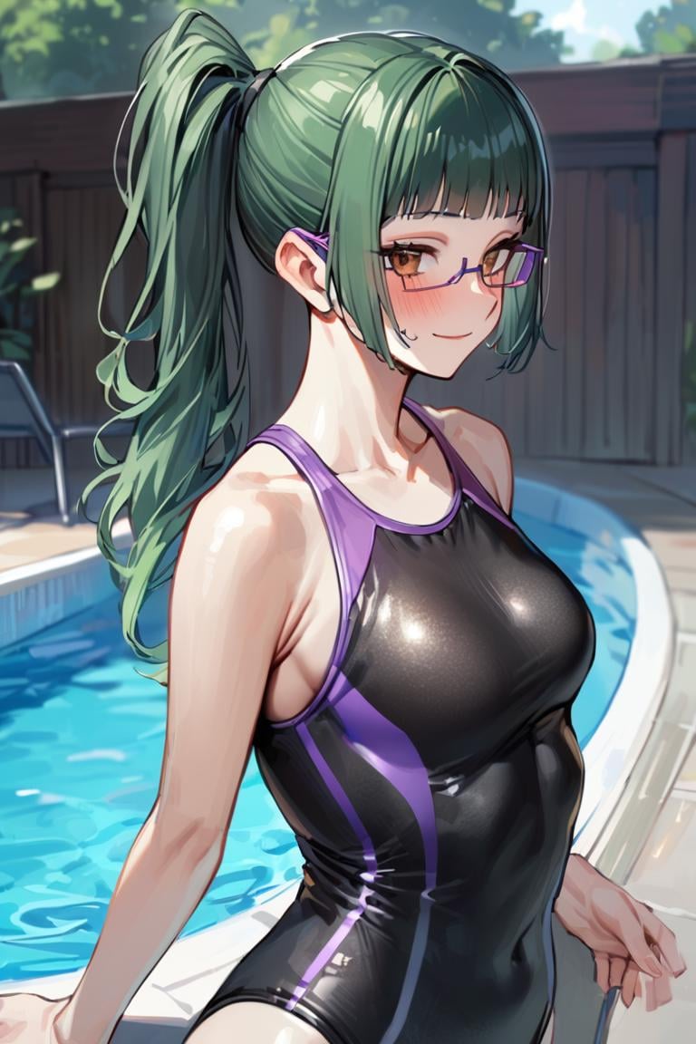 masterpiece, best quality, ultra detailed, BREAK1girl, solo, female, maki exp, green hair, ponytail, long hair, brown eyes, purple glasses, side locks, bangs, swimsuit, onepiece swim suit, pool,   , outdoors,,, light smile, upperbody, cowboy shot, blush,, looking at viewer, colorful, vivid, <lora:Maki_Zenin_XL-000009:1>