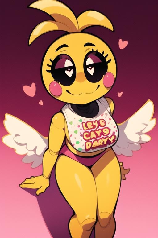 <lora:toychica-06:1> toychica,,  simple pink background, full body,  2d, simple background, hearts, angel wings, angel halo, ponytail, tied hair,, detailed shading, detailed ambient light, detailed background, masterpiece,